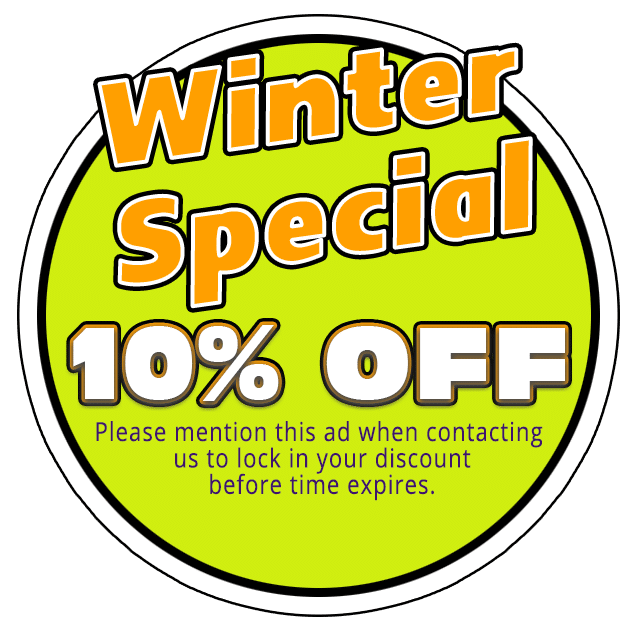 A green and yellow sign with the words winter special 1 0 % off.