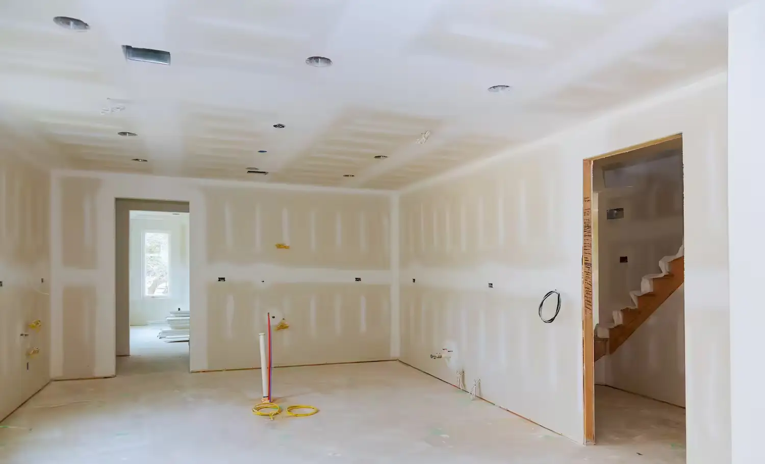 A room with white walls and some yellow tape