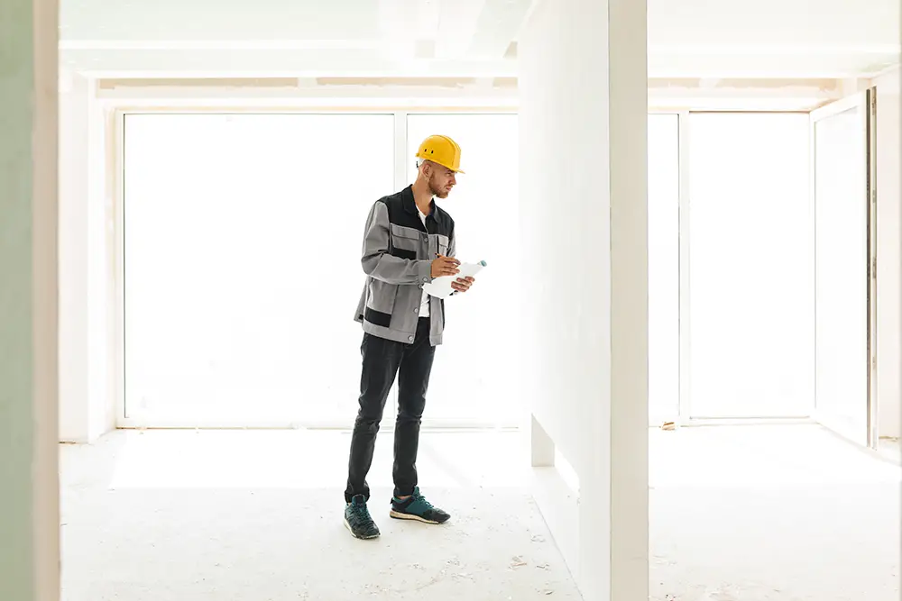 A man in a hard hat standing next to a wall.