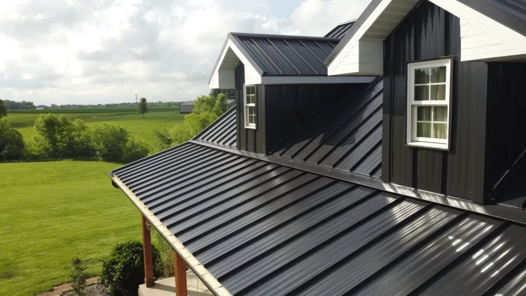 A black metal roof on top of a house.